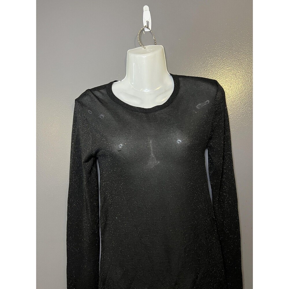 Zara Shirt Womens Small Black Crew Neck Long Sleeve Glitter Sheer Top Metallic